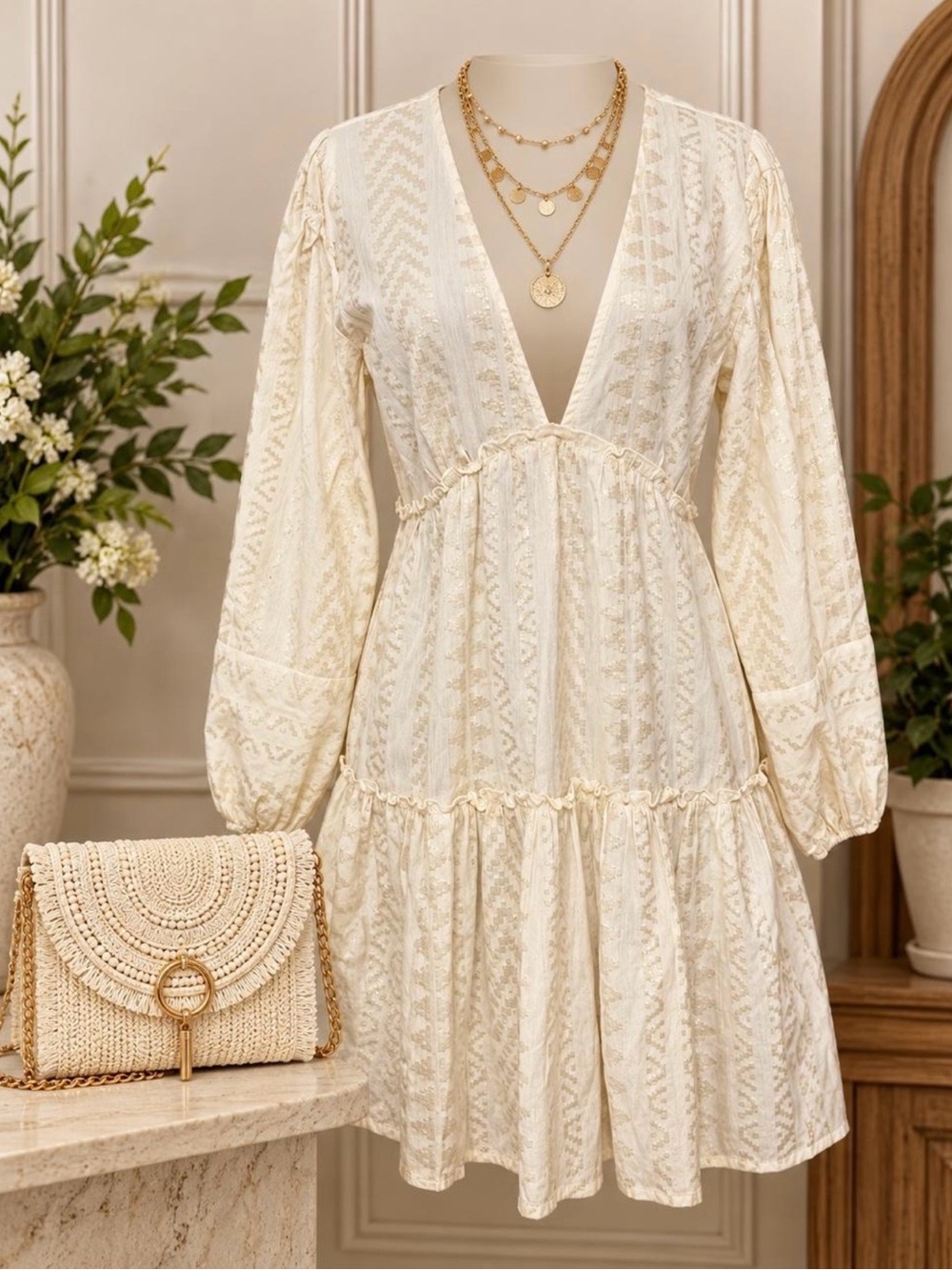 blue island Ivory Lace V-Neck Tiered Mini Dress